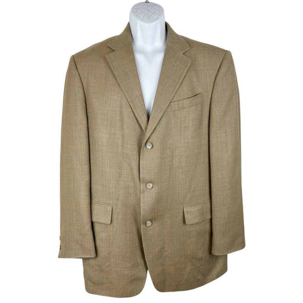 Oscar De La Renta Blazer Jacket Tan Wool Silk Blend Button Up Formal Men 42L